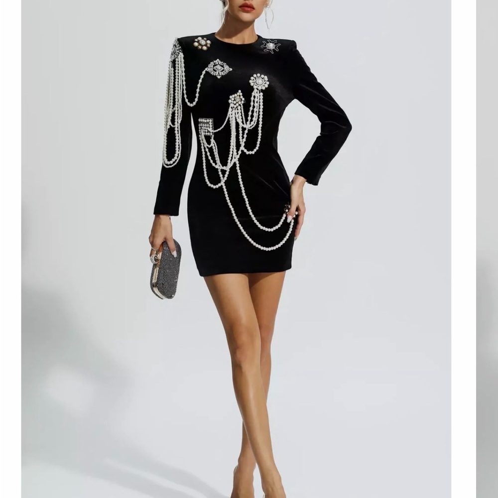 Chic Black Dress with Pearl Accents